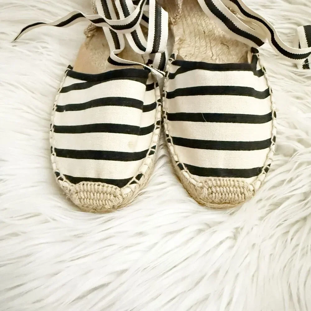 SOLUDOS | Striped Lace Up Canvas Espadrilles Flats Navy Natural Cream | Size 7